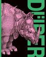 Der Text "DÜRER" steht groß am Rand. Ein detailliertes, rosa Nashorn vor schwarzem Hintergrund, wie eine Illustration.