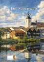„Die Sagenwelt von Regen“ von Thomas Probst. Illustration einer Stadt mit Kirchturm am Fluss, klare Spiegelung im Wasser.