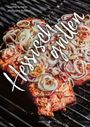 „Hessisch grillen. Sascha Scherer, Wolfgang Scherer.“ Gegrilltes Fleisch mit Zwiebeln auf einem Grillrost.