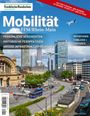 Titel: Mobilität in FFM/Rhein-Main. Untertitel: Persönliche Geschichten, historische Perspektiven. Skyline mit Flugzeug.