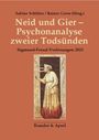 Auf braunem Hintergrund steht: "Neid und Gier – Psychoanalyse zweier Todsünden." Darunter ein mittelalterliches Gemälde.