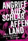 „ANGRIFF AUFS SCHLARAFFENLAND“ in großen, weißen Buchstaben. Darunter „Ein Deutschpunk-Mixtape“. Hintergrund: Punk-Szenen in Pink.