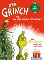 „Der Grinch oder die geklauten Geschenke“, Illustration mit Grinch, Weihnachtsbaum und Geschenken; farbenfroh gestaltet.
