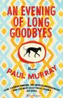 „AN EVENING OF LONG GOODBYES“ von Paul Murray. Illustration mit Windhund-Silhouette auf buntem Muster.