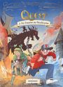 „Quest 3. Das Erwachen des Metalldrachen“. Zwei Personen, eine mit Mütze, und ein Hund rennen, Flammen im Hintergrund.