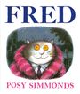 "FRED" oben in Blau, "POSY SIMMONDS" unten in Pink. Illustration einer Katze im Anzug mit rosa Mantel.