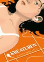"Kreaturen, Bianca Bagnarelli." Illustration eines Gesichts mit Kopfhörern, orangefarbener Hintergrund.