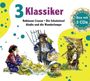 "3 Klassiker: Robinson Crusoe, Die Schatzinsel, Aladin und die Wunderlampe. Box mit 3 CDs." Illustrationen von Abenteurern.
