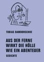 Der Text „Tobias Bamborschke: Aus der Ferne wirkt die Hölle wie ein Abenteuer. Gedichte“. Skizzenhafte Illustration eines Gesichts.