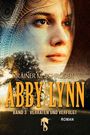"Rainer M. Schröder, Abby Lynn, Band 3 Verraten und Verfolgt, Roman." Gesicht vor Waldhintergrund, aboriginale Muster.