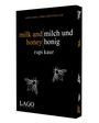 "milk and honey" auf Englisch und Deutsch, Autorin: rupi kaur. Schwarzer Hintergrund, weiße und goldene Bienenillustrationen.