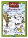 "Pettersson und Findus Adventskalender" steht oben. Illustration: Winterlandschaft mit Pettersson, Findus und Tieren.