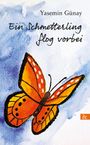 "Ein Schmetterling flog vorbei" von Yasemin Günay. Ein gemalter bunter Schmetterling mit orangen Flügeln auf blauem Hintergrund.
