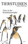 „TIERSTUDIEN“, „Tiere in der Klimakatastrophe“. Illustration von Pinguinen in Schwarz und Orange.