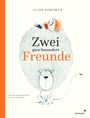 „Zwei ganz besondere Freunde“ steht groß in der Mitte. Illustration: Ein Löwe mit einer Person, die auf seinem Kopf liegt.