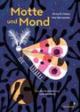 Der Titel lautet "Motte und Mond". Bunte Motte vor dunklem Hintergrund mit Mond und Ästen.