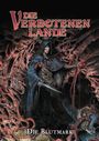 „Die Verbotenen Lande: Die Blutmark“. Eine düstere Illustration eines vermummten Kriegers mit Messer und roten, abstrakten Formen.
