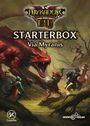 "Starterbox Via Myranis" zeigt ein rotes Monster gegen bewaffnete Figuren in einem Wald. Oben ein Logo von "Myranor".