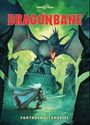 "DRAGONBANE" in Rot, "FANTASYROLLENSPIEL" unten. Illustration: Drache auf Turm, einsamer Krieger mit Schwert.