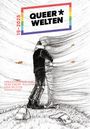 "QUEER* WELTEN 15-2025" steht in einem Regenbogen-Rahmen. Darunter umarmen sich zwei Personen.