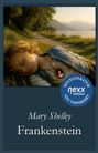 "Weltliteratur neu inspiriert", "nexx classics", "Mary Shelley Frankenstein". Kind schläft im Freien, mit Berg- und Seelandschaft.