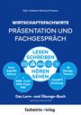 Titel: Wirtschaftsfachwirte - Präsentation und Fachgespräch. Elemente: Kreise mit Begriffen, Blautöne, Logos.