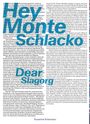 Große, blaue Worte: "Hey Monte Schlacko, Dear Slagorg". Unten: "Susanne Kriemann". Hintergrund: Text über ein Kunstprojekt.