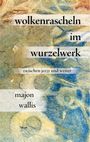 „wolkenrascheln im wurzelwerk – zwischen jetzt und weiter – majon wallis“. Bunt abgestufter, abstrakter Hintergrund.