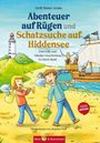"Abenteuer auf Rügen und Schatzsuche auf Hiddensee." Zwei Kinder mit Schaufeln am Strand, Leuchtturm im Hintergrund, Schiff.