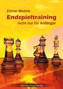 „Edmar Mednis, Endspieltraining, nicht nur für Anfänger.“ Schachfiguren vor hellem, orangefarbenem Hintergrund.