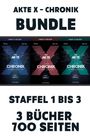 AKTE X – CHRONIK BUNDLE: Staffel 1 bis 3, 3 Bücher, 700 Seiten. Buchcover in Blau, Rot und Grün.