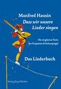 "Manfred Hausin, Dass wir unsere Lieder singen, Die singbaren Texte des Erzpoeten & Eulenspiegel, Das Liederbuch." Ein Harlekin balanciert auf einem Seil, eine Gitarre tragend.