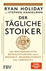 "Der tägliche Stoiker" von Ryan Holiday und Stephen Hanselman, Logo mit Eule, Skala, und römischer Figur, "FBV".