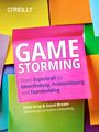 "GAME STORMING" in weiß auf pinkem Hintergrund. Text darunter über Ideenfindung. Bunte Notizzettel im Hintergrund.