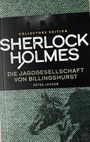 Text: "Collectors Edition. Sherlock Holmes. Die Jagdgesellschaft von Billingshurst. Peter Jackob." Grüne Textilstruktur im Hintergrund.