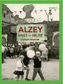 "ALZEY EINST UND HEUTE" von Stefanie Widmann. Historische Szene mit Menschen auf einem Fest, Schild "WINTERFEST".