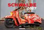 Texte: "SCHWALBE 2027", "ALLRAD GIEST". Roter Motorroller vor rostigem Hintergrund.