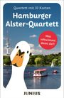 Quartett mit 32 Karten. Hamburger Alster-Quartett. Was schwimmt denn da?! JUNIUS. Illustration mit Ente, Wasser, Booten und Fernsehturm.