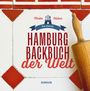 Text: "Meike Stüver, Das kleinste Hamburg Backbuch der Welt, JUNIUS".   
Ein Nudelholz liegt auf weiß-roten Kacheln.