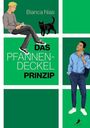 Text: "Bianca Nias, DAS PFANNENDECKEL PRINZIP". Zwei Männer in sportlich-schicker Kleidung, Katze. Moderne Illustration.