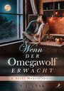 „Wenn der Omegawolf erwacht & Sechs Monate später,“ N.J. Lysk. Zwei Personen küssen sich in einer Küche bei Mondschein.
