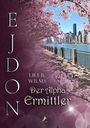 „EJDON“, „LILI B. WILMS“, „Der Alpha Ermittler“. Kirschblütenweg an einem Fluss mit Stadt im Hintergrund.