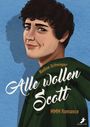 "Alle wollen Scott", Nadine Schwager, MMM Romance. Illustration mit lächelndem jungen Mann vor blauem Hintergrund.