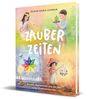 Titel: "Zauberzeiten". Illustration von Kindern in einer bunten, fantasievollen Umgebung. Text darunter: Rituale, Bastelideen.