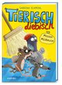 „Tierisch diebisch: Mission Müllbeutel“ steht auf einem gelben Buchcover mit drei cartoonartigen Tieren.
