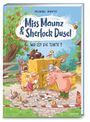 Buchtitel: "Miss Maunz & Sherlock Dusel: Wo ist die Torte?". Illustration mit Tierdetektiven bei einer Kuchenszene auf einem Bauernhof.