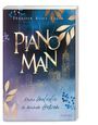 Buchtitel „Piano Man“, Untertitel „Deine Melodie in meinem Herzen“, Autorin Jennifer Alice Jager. Skyline und Blätterverzierung.
