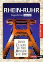 RHEIN-RUHR, Reiseführer über 1000 Orte. Illustration eines Industriegebäudes vor blauem Himmel.