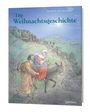 "Die Weihnachtsgeschichte", Maren Briswalter. Illustration: Maria mit Kind auf Esel, begleitet von Josef in einer Landschaft.