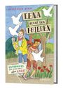 Buchtitel: "Lena sucht den Frieden". Zwei Mädchen mit Friedenstauben, Baum und Mohnblumen im Hintergrund.